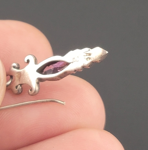 Antique Silver Dangle Earrings Marquise-cut Purple Amethyst Marked - Picture 14 of 17